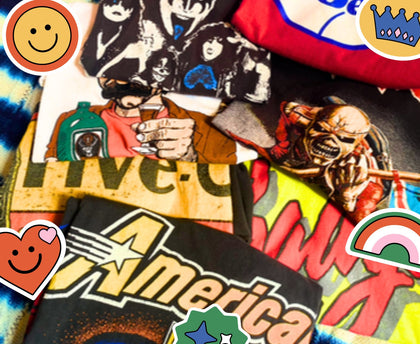 Vintage tees folded on top of eachother, ACDC, Born to be Wild, Pig shirt, fun graphics