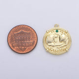 Good Luck charm "Wealth" Rustic Coin Gold Filled Charm with Green Crystal  C-930