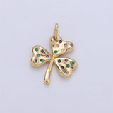 24K Gold Filled Rustic Lucky Charm Good Luck 4 Leaves Clover with Multi Color Rainbow CZ Stone for Necklace or Bracelet | M-892