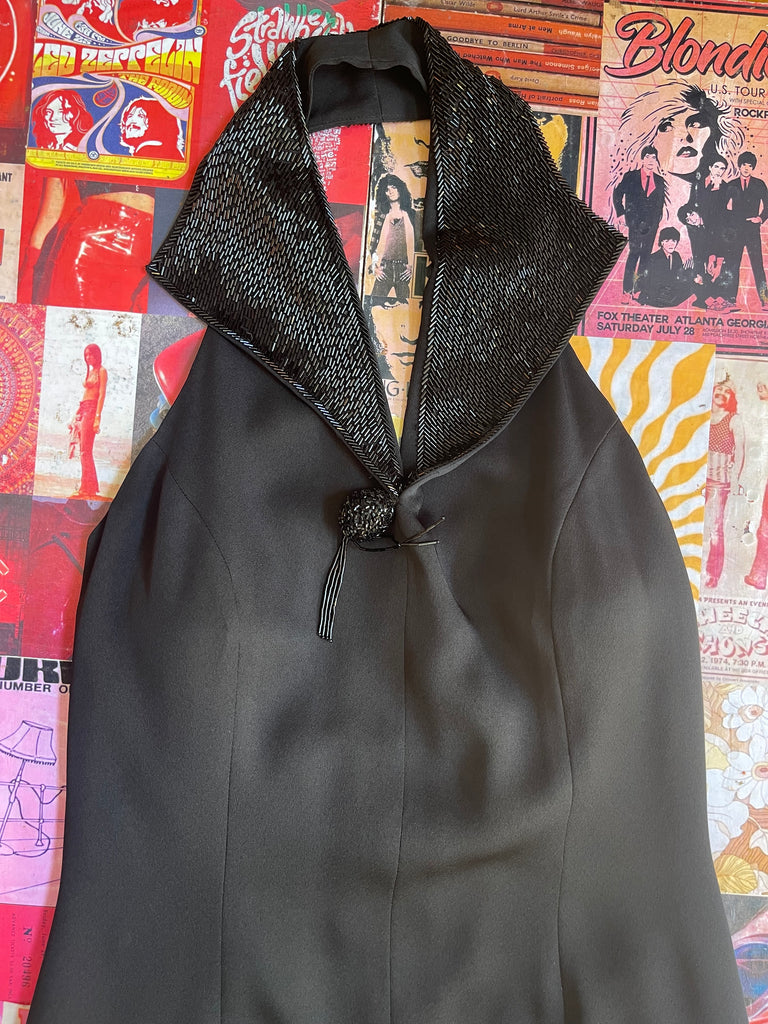 black dress with beaded collar Vintage 60s Black Satin Beaded Collar Dress