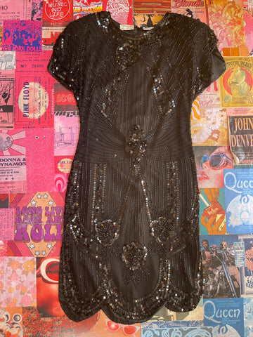 Black Silk Beaded Mini Dress