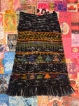 Knitted Dark Blue Patterned Woolen Skirt with Wool Fringe at bottom