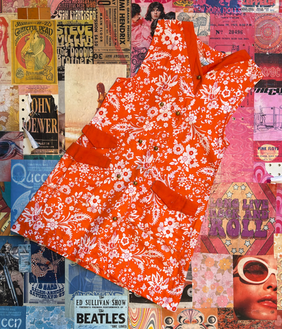 Orange Mini Dress With White Florals And Brass Buttons