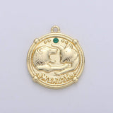 Good Luck charm "Wealth" Rustic Coin Gold Filled Charm with Green Crystal  C-930